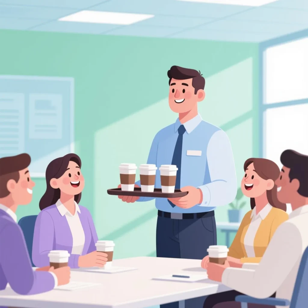 Employé qui pose un acte de bienveillance en apportant des cafés à ses collègues