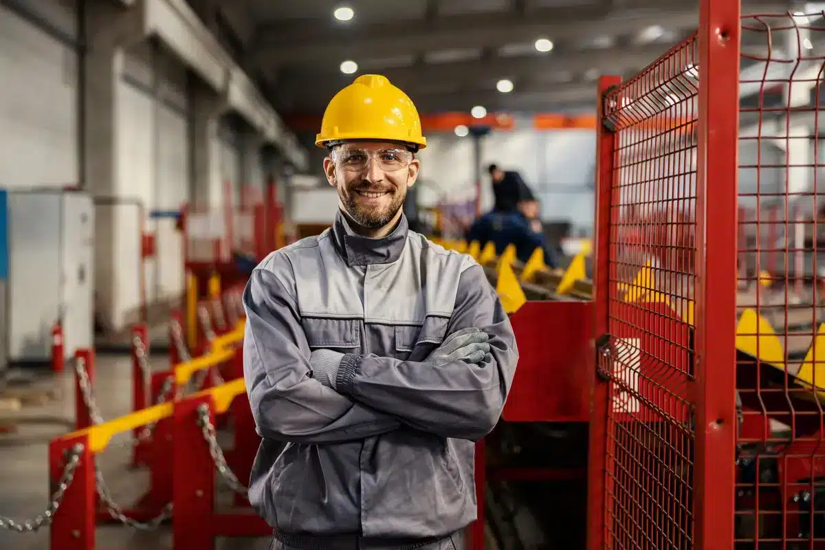 Travailleur en usine souriant, représentant un environnement de travail positif, sécuritaire et mobilisant.