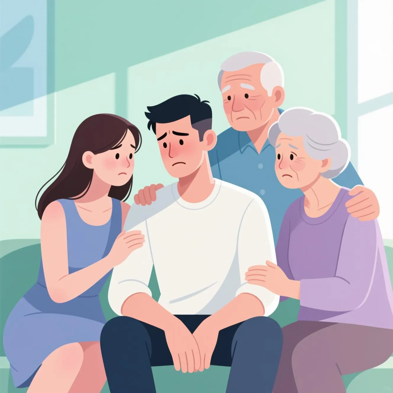 Un homme vivant avec une dépendance, entouré de ses proches qui lui offrent du soutien