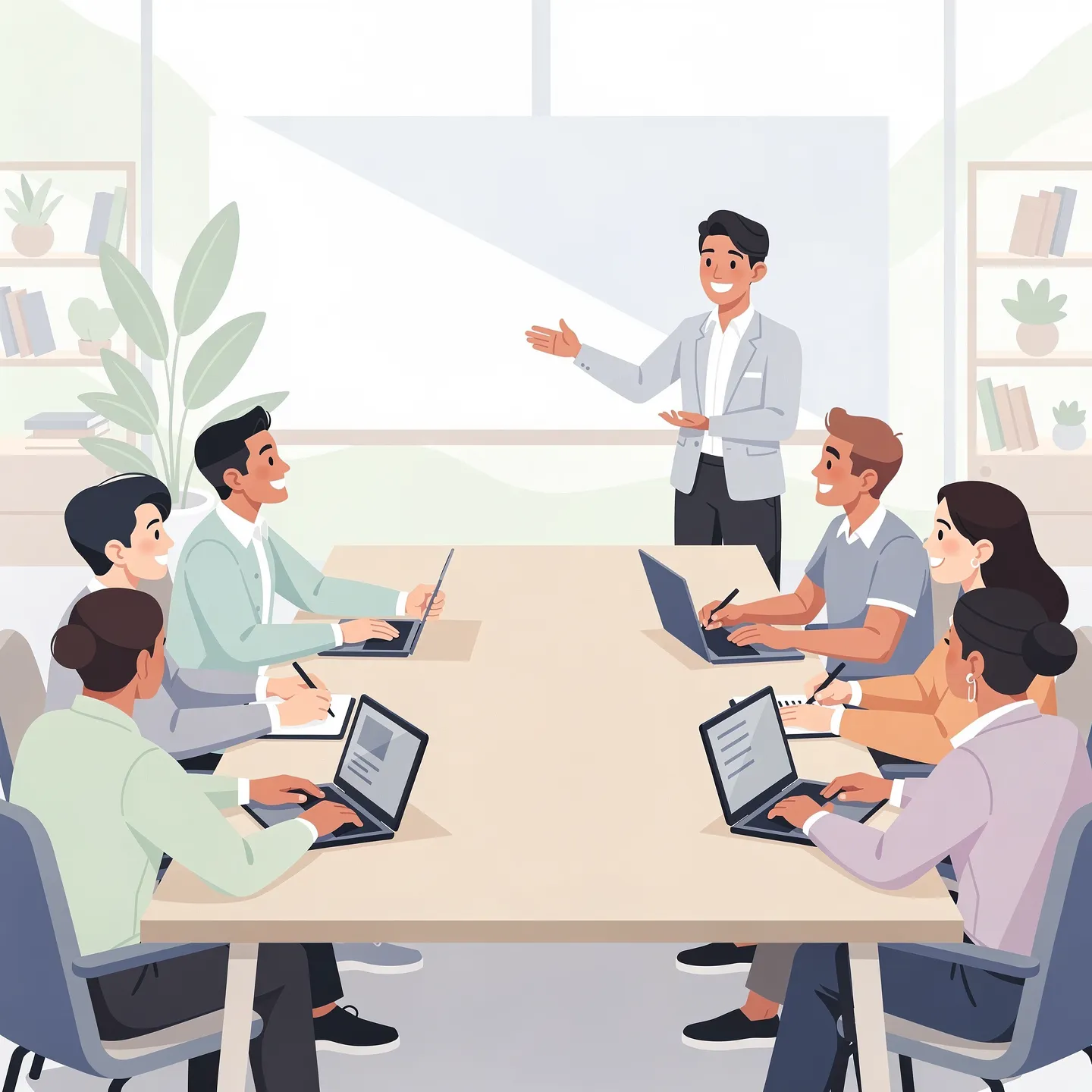 Équipe de travail réunie autour d'une table de conférence pour écouter la présentation de leur collègue